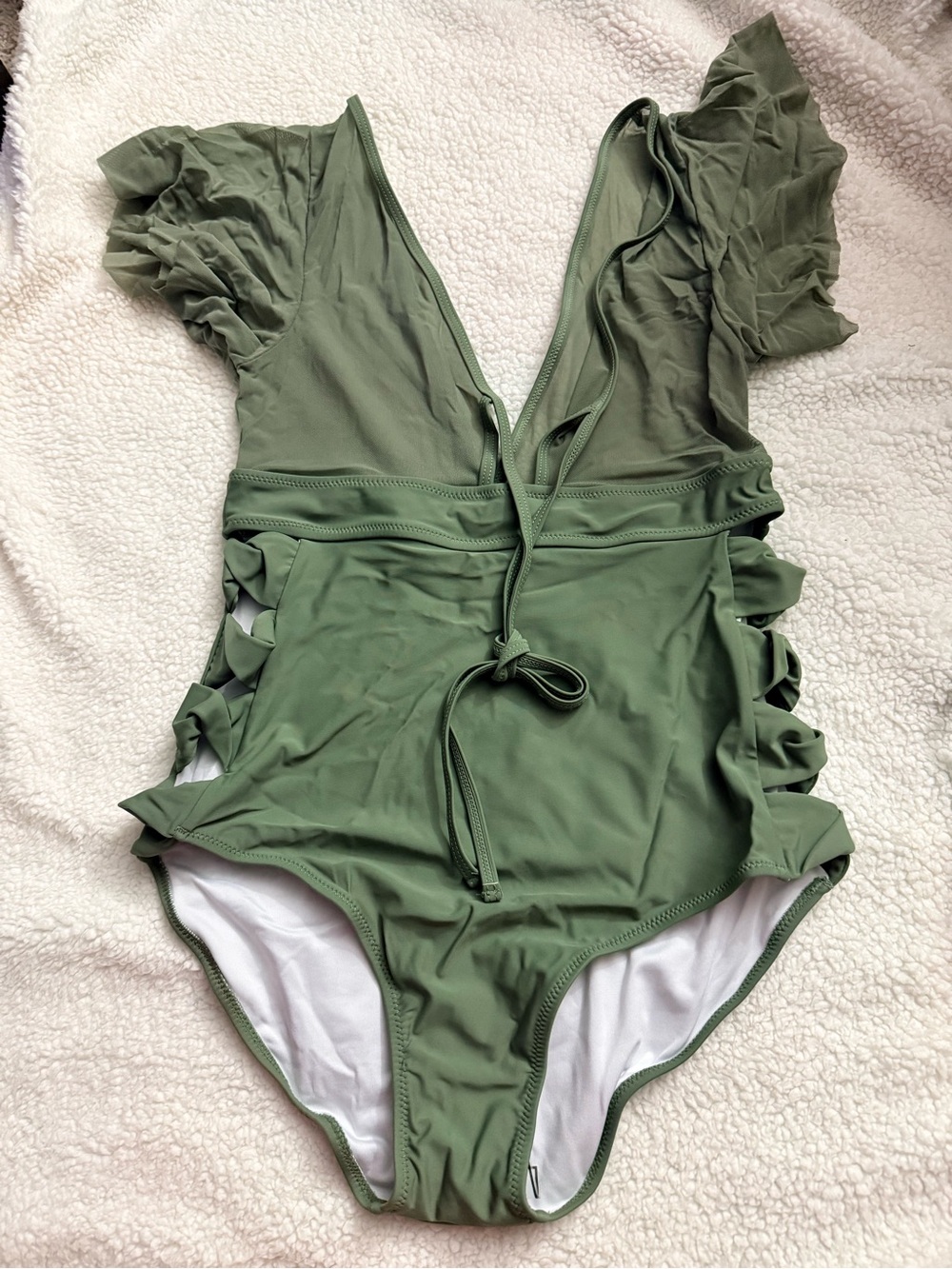 Olive Green Ruffled One-Piece Swimsuit - V-Neck Tie Front